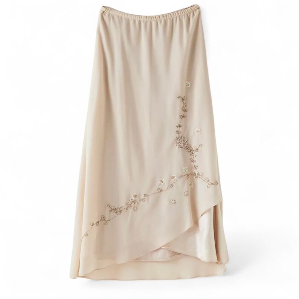 Vintage Cream/champamge asymmetrical maxi skirt with beaded floral embroidery